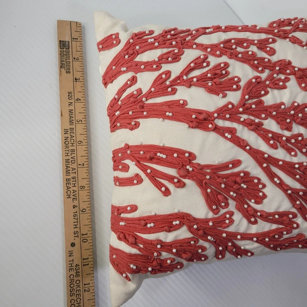 Pottery Barn Throw Pillow Coral Coastal Beaded Red White 12x12 Square‎ Cotton
